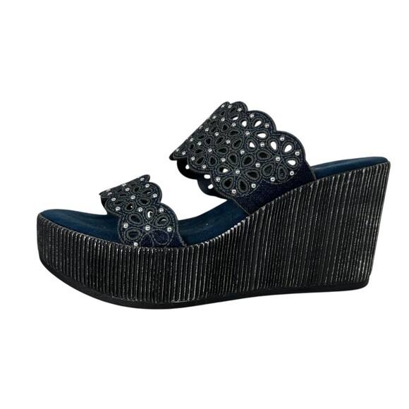 Onex Hip Denim Leather Wedge Sandals  Size 5.5-6  NWOB  Cutouts Studded Platform - Picture 6 of 11